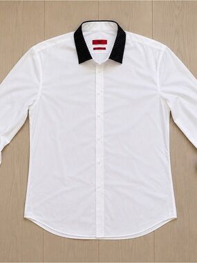 HUGO White Dress Shirt with Black Patterned Contrast Collar